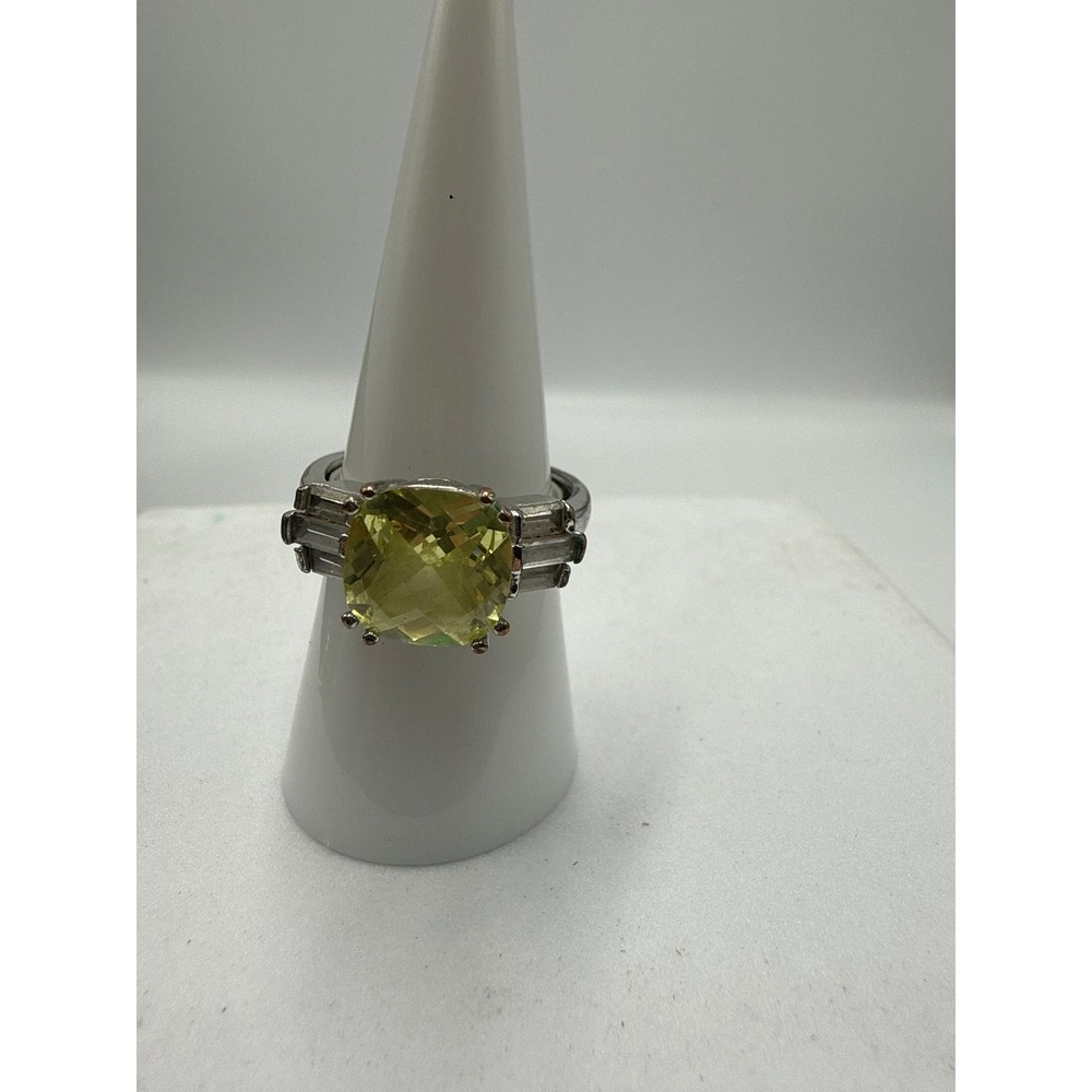 Vintage Avon Silver Tone Cushion Cut Yellow Stone Baguette Accent Ring Size 8